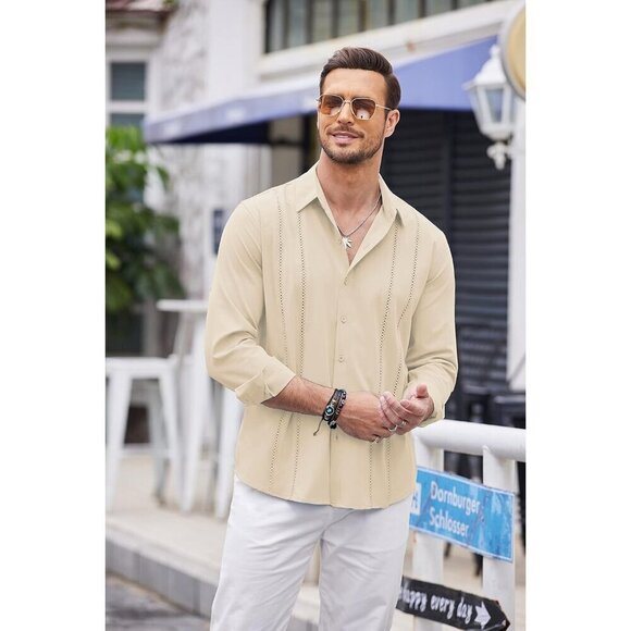 ❤️Mens Cream Cuban Shirt Casual Button Down Shirts Long Sleeve Beach Shirts - Picture 3 of 7